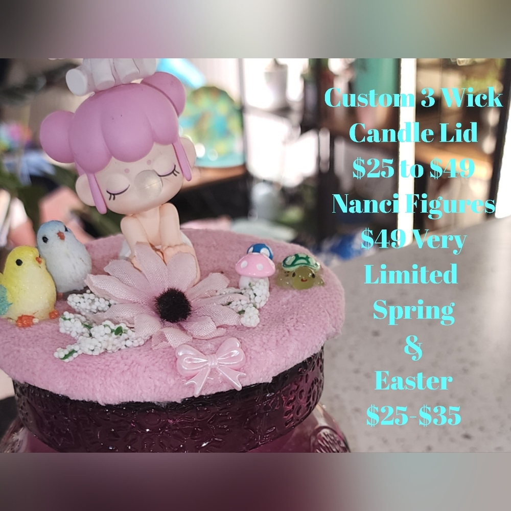 Custom Made 1/3 Wick Candle Toppers.Popular Figurines Or Seasonal Lids Available